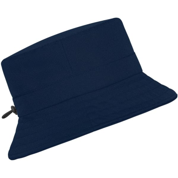 A navy blue fisherman hat with a wide brim and adjustable drawstring, featuring a logo.