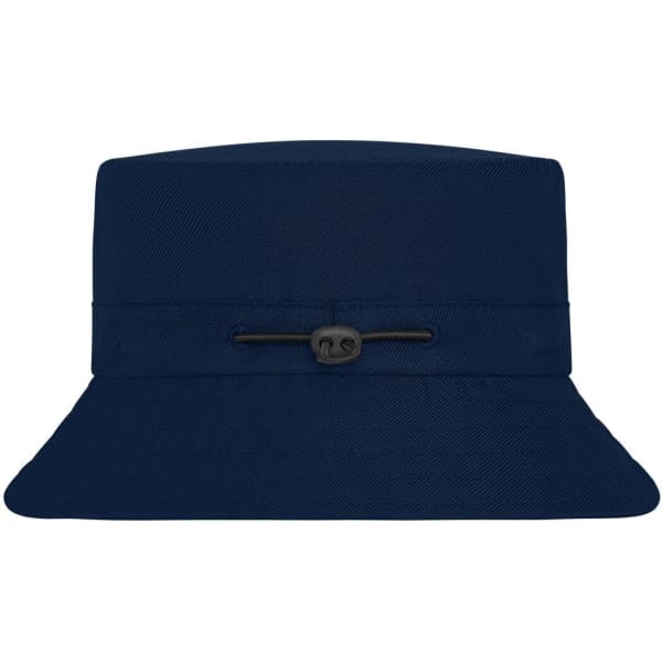 A navy fisherman hat with a wide brim and a drawstring feature. The hat has a logo on it.