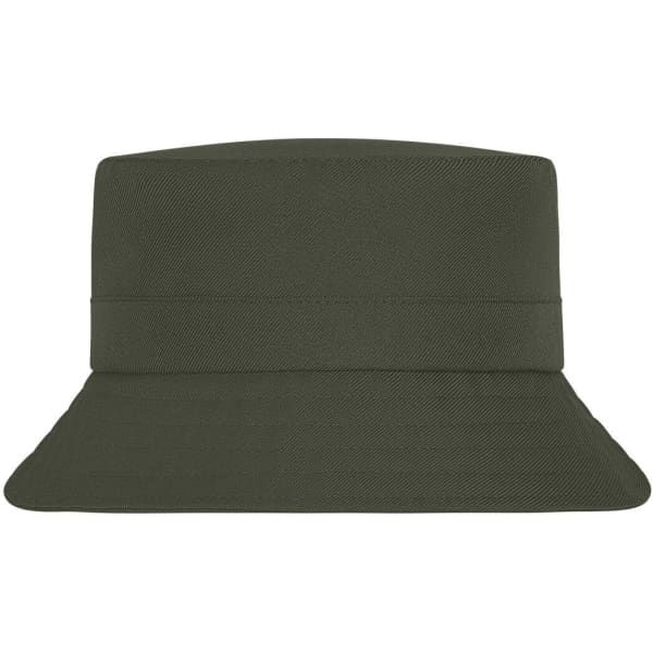 A green fisherman hat with a wide brim and structured top, featuring a logo.