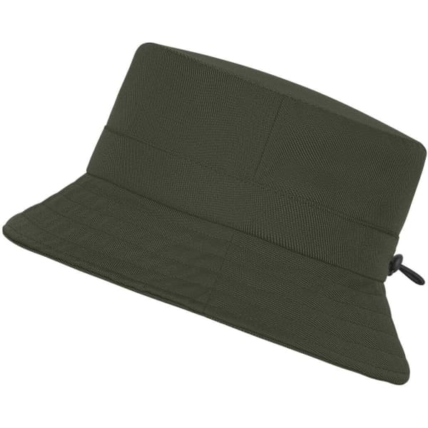 A green fisherman hat featuring a wide brim and a textured design, with a logo present.