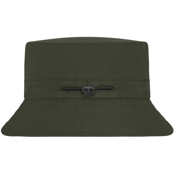 A green Fisherman Hat with a wide brim and adjustable toggle for a secure fit. Features a branding logo.