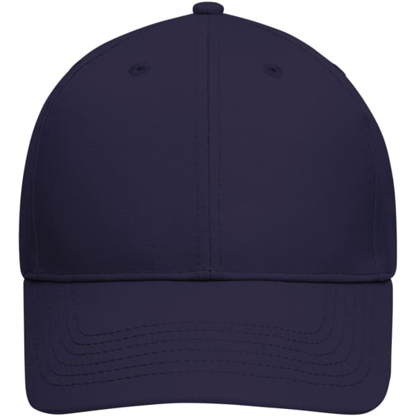 A navy blue 6-panel cap made from bio cotton, featuring a curved brim and a branded logo.