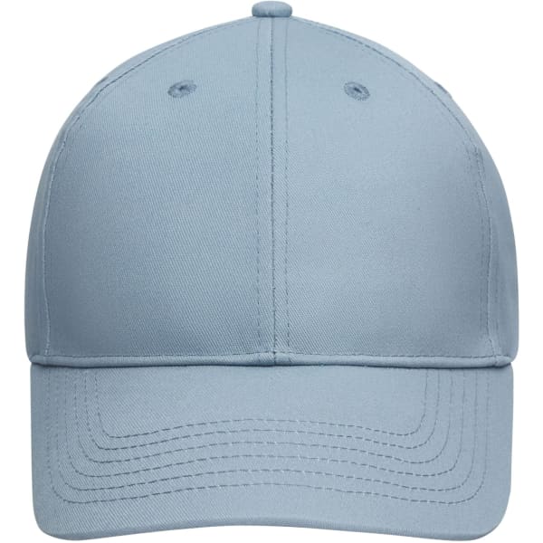 A light blue 6-panel cap made from bio cotton featuring a curved brim and ventilating eyelets.