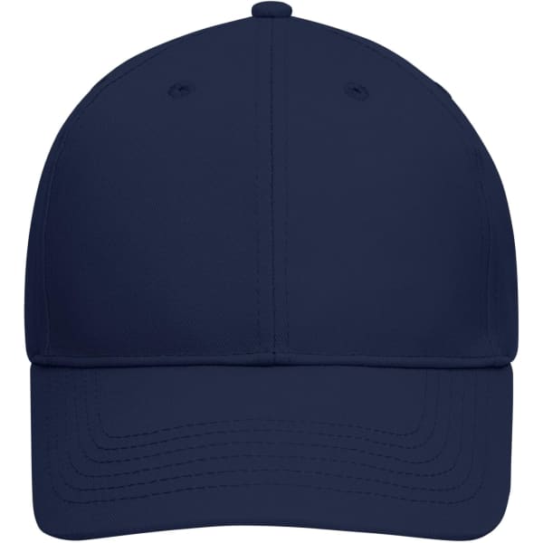 A navy blue 6-panel cap made from bio cotton, featuring a curved peak and ventilation holes. It has a logo on it.