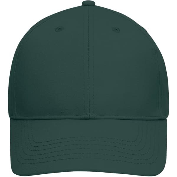 A dark green 6 panel cap made from bio cotton, featuring a logo on the front.