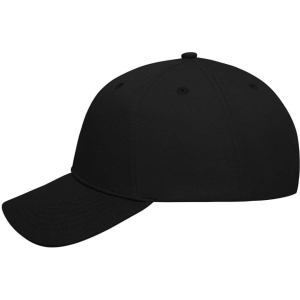 A black 6-panel cap made from bio cotton, featuring a curved brim and a logo.