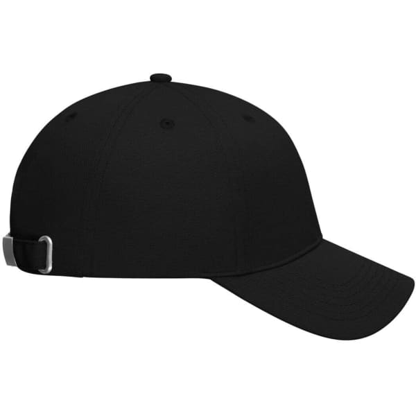 A black six-panel cap made of bio cotton, featuring a metal buckle on the adjustable strap and a logo.