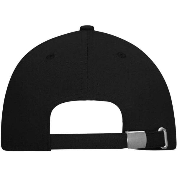 A black 6 panel cap made of bio cotton, featuring a metal adjustable strap and a logo on the back.