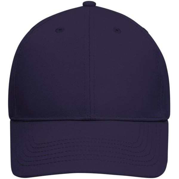A navy blue 6-panel cap made from bio cotton, featuring a logo on the front.