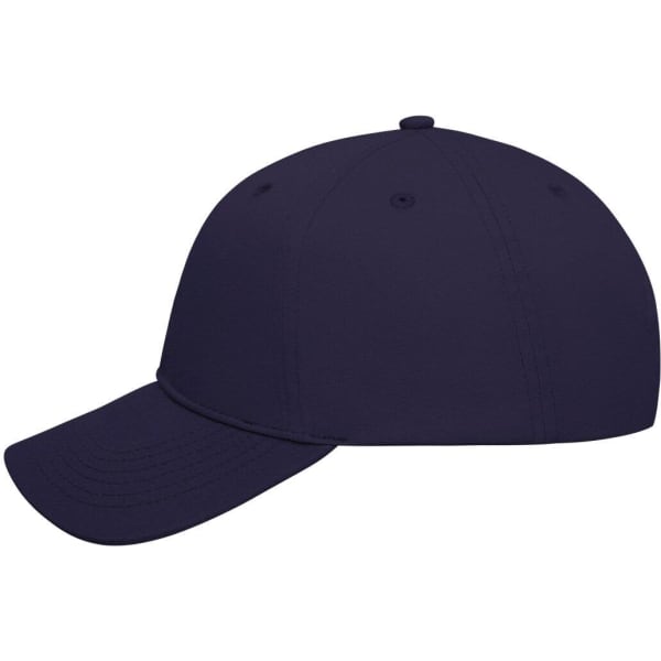 A navy blue 6 panel cap made of bio cotton, featuring a curved peak and a logo.