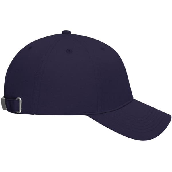 A navy 6-panel cap made from bio cotton, featuring a curved visor and an adjustable strap at the back.