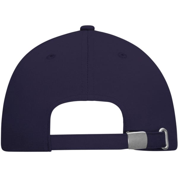 A 6-panel cap in navy blue, featuring a backing with an adjustable strap and a logo.