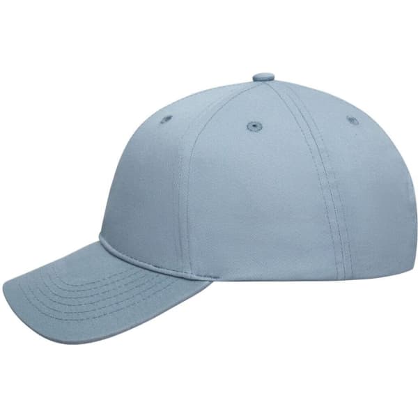 A light blue six-panel cap made from bio cotton, featuring a logo on the front.