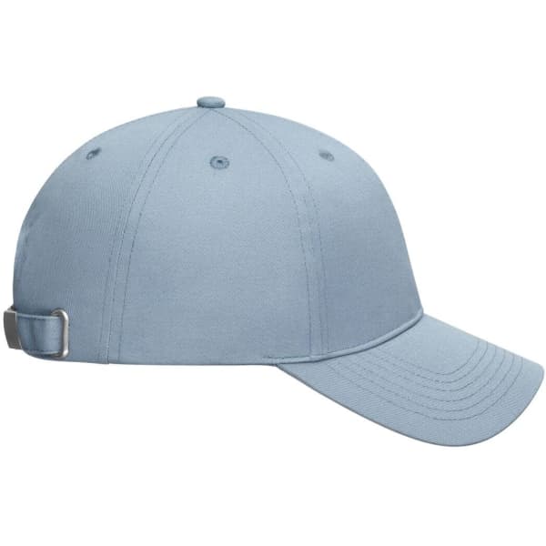 A light blue 6-panel cap made of bio cotton, featuring a rear adjustable strap and a logo on the front.
