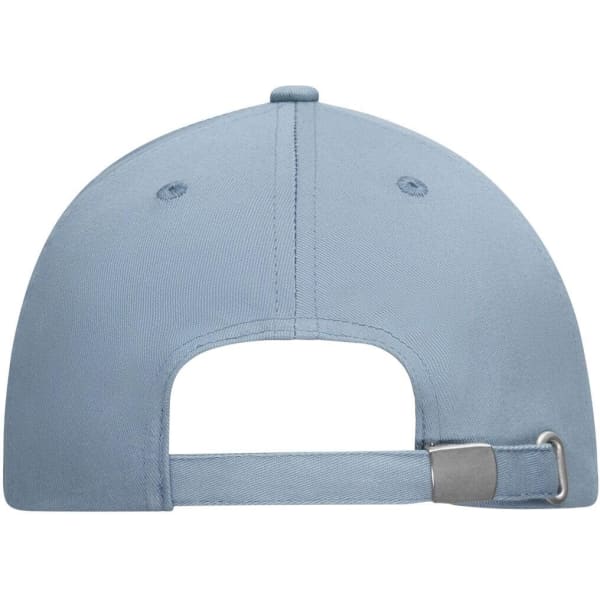 A light blue 6-panel cap with an adjustable strap and a logo on the back.