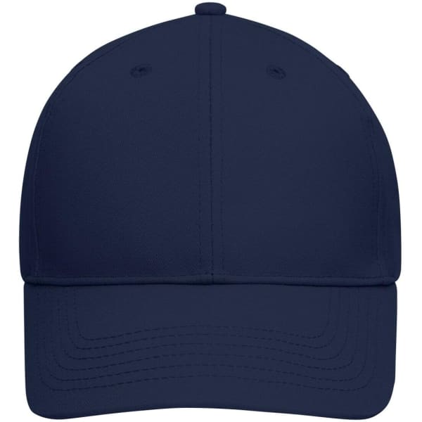 A navy blue 6 panel cap made of bio cotton, featuring a logo on the front.