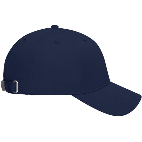 A navy blue 6 Panel Cap made from bio cotton, featuring a logo and an adjustable strap at the back.