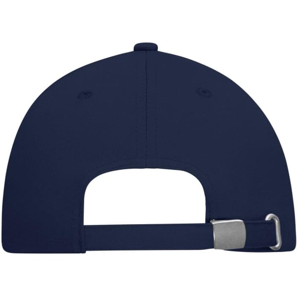 A navy blue six-panel cap made of bio cotton, featuring a metal buckle and a logo on the back.