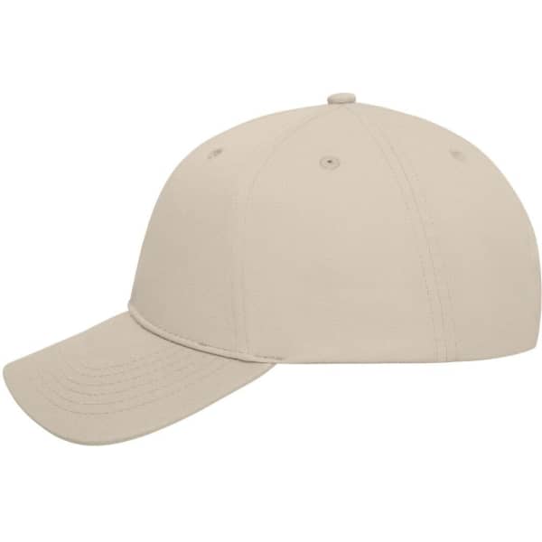 A beige 6-panel cap made from bio cotton, featuring a curved brim and ventilation holes. It has a logo on the side.