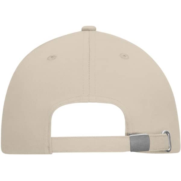 A beige 6 panel cap made of bio cotton, featuring a rear adjustable strap and a logo.
