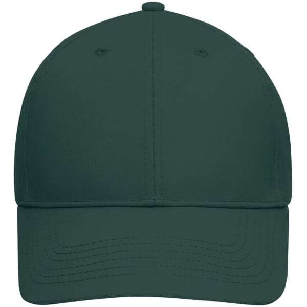 A dark green six-panel cap made from bio cotton, featuring a curved brim and a central button on top.