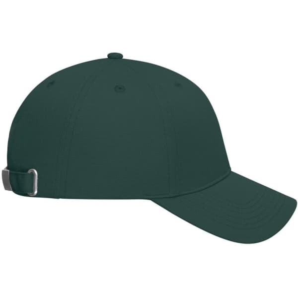 A dark green 6 panel cap made from bio cotton, featuring an adjustable strap at the back and a logo.