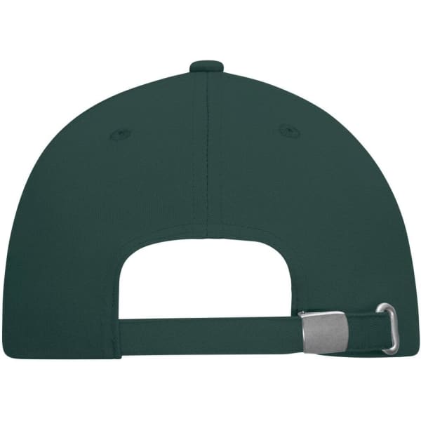 A green six-panel cap made from bio cotton, featuring a rear strap and metal buckle for adjustment.