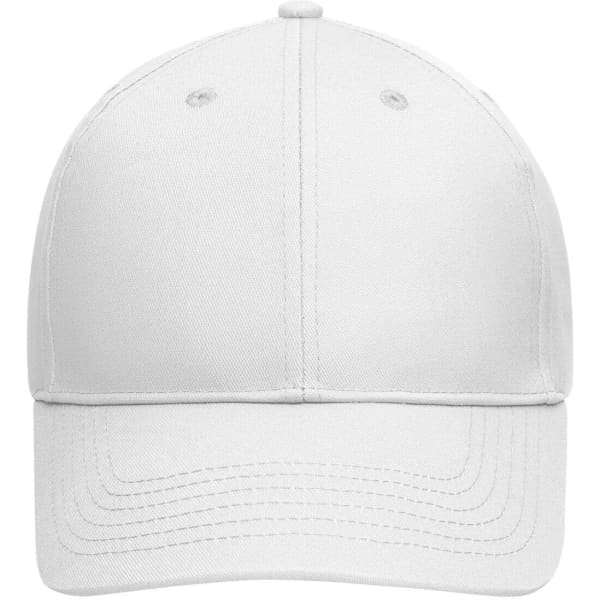 A white six-panel cap made from bio cotton, featuring stitching details and a logo on the front.