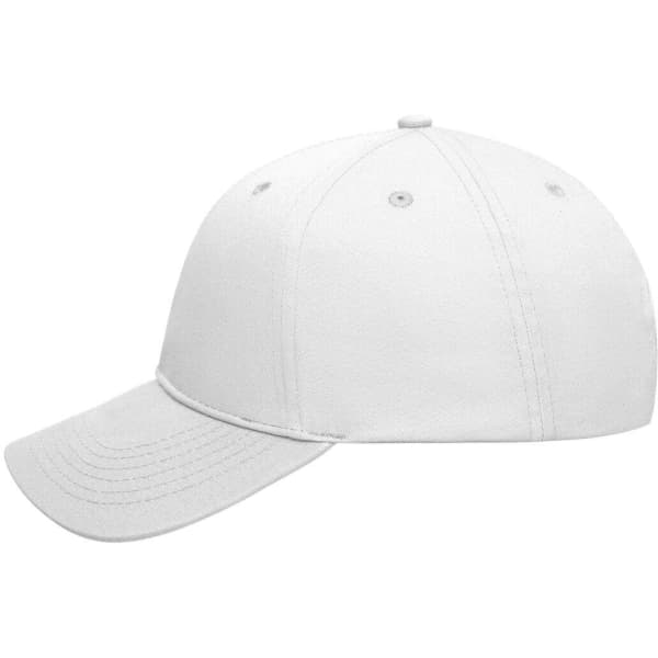 A white six-panel cap made from bio cotton, featuring a curved peak and ventilation eyelets.