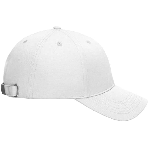 A white 6 panel cap made from bio cotton, featuring a logo and an adjustable strap at the back.