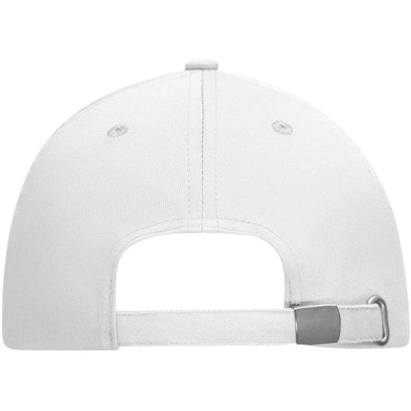 A white 6-panel cap made from bio cotton, featuring a rear adjustable strap and a logo.
