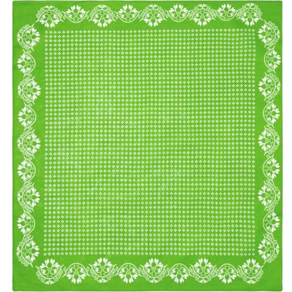 A green bandana featuring a white floral and dot pattern around the edges. It has a decorative border and a logo.