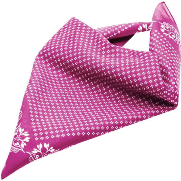 A pink traditional bandana featuring a floral pattern and decorative designs. It has a logo present.