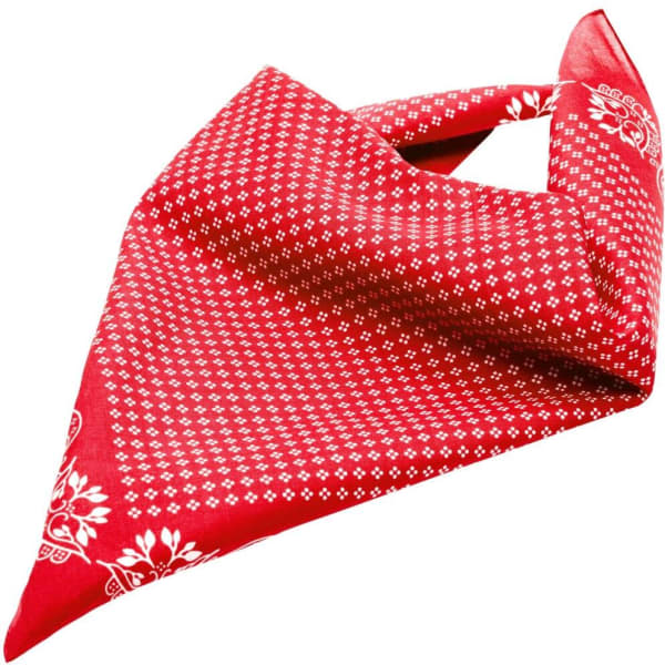 A red bandana with a white patterned design and floral accents, featuring a logo.