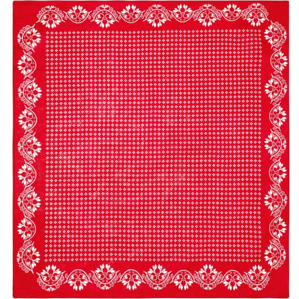 A red bandana with white floral and dot patterns along the edges, featuring a central repeating design.