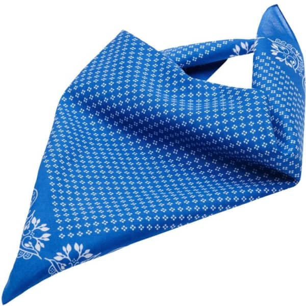 A blue bandanna with a patterned design and a branding logo, ideal for headwear.
