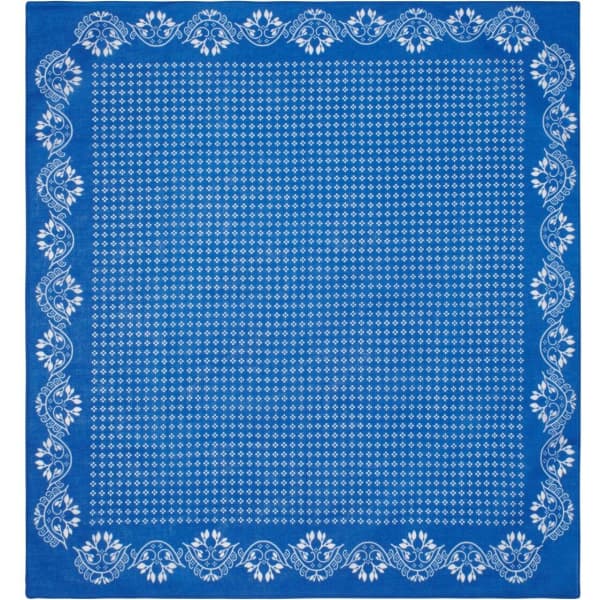 A blue bandana featuring a white floral border and a polka dot pattern in the centre. It has a logo.