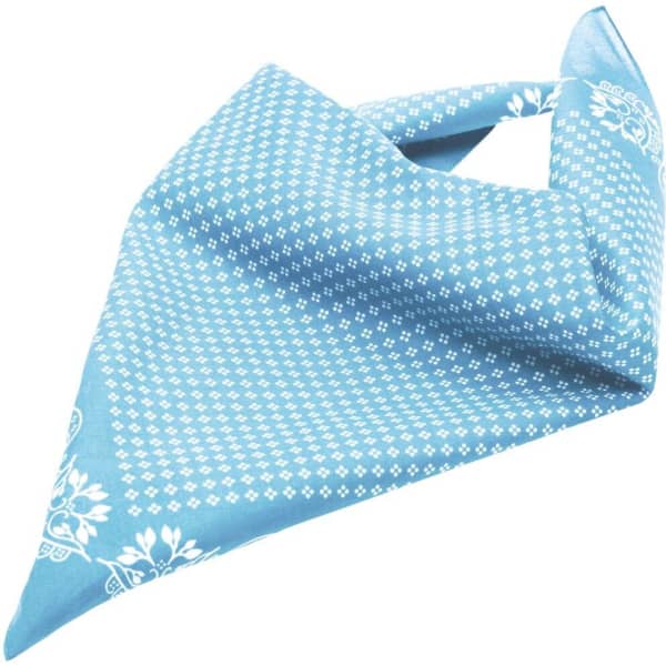 A traditional blue bandana featuring a patterned design, with floral elements and a logo.