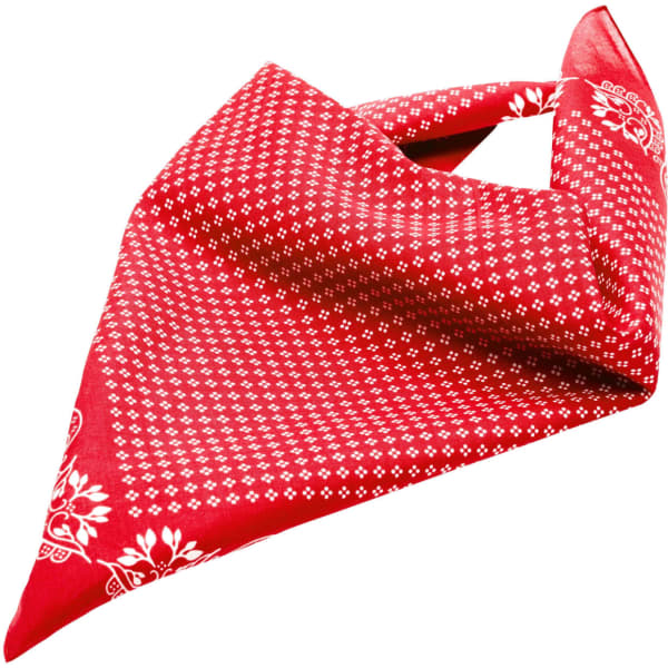 A red traditional bandana with a repeating pattern and floral design, featuring a folded triangular shape.