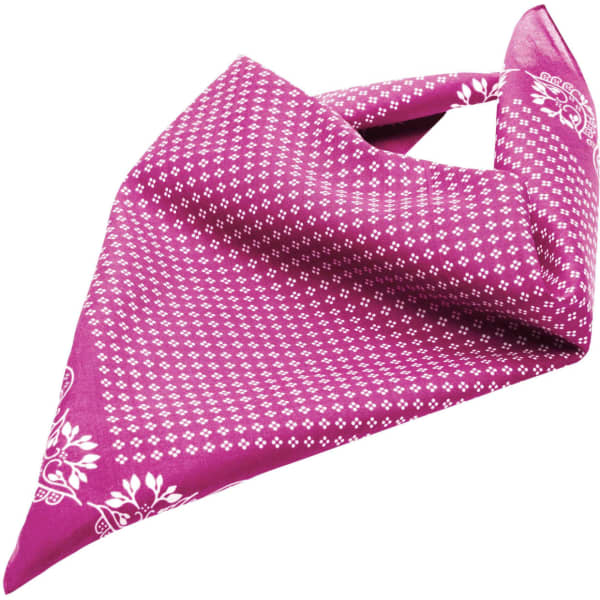 A traditional bandana in vibrant purple with a patterned design and decorative edges. It features a logo.