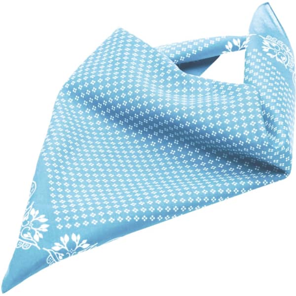 A traditional bandana in light blue featuring a patterned design with floral elements and a brand logo.