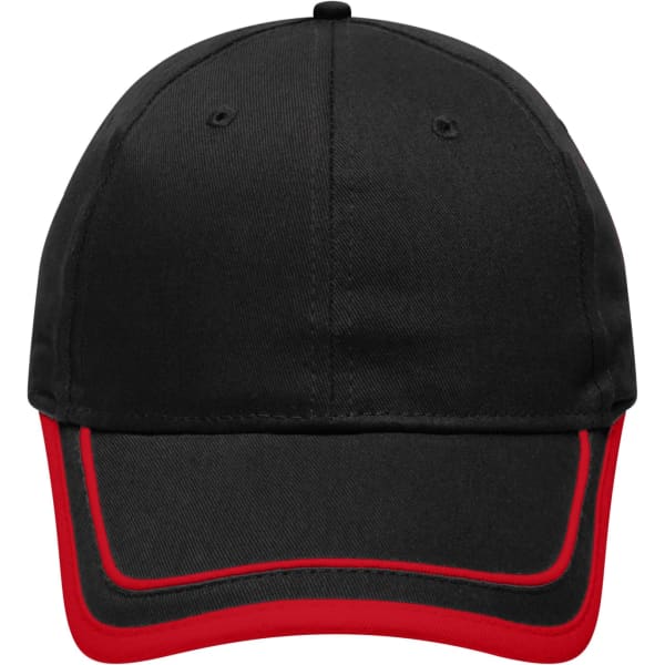 A black cap with red piping along the brim, featuring a logo on the front.