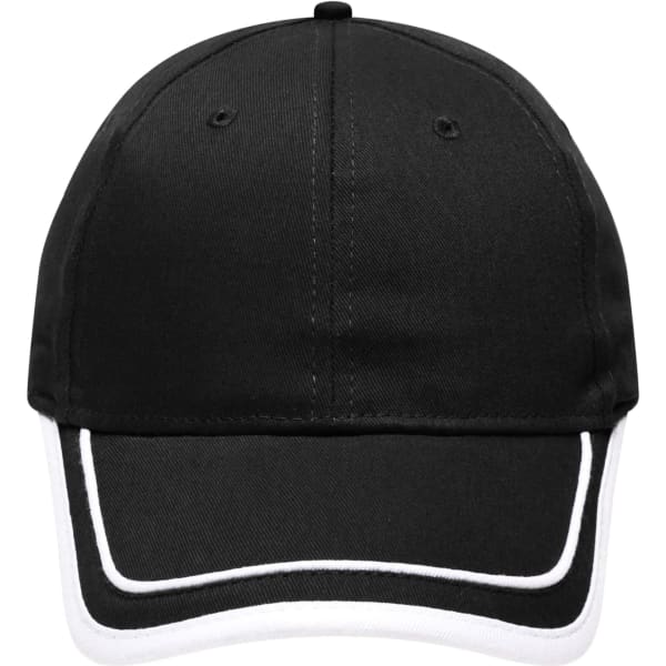 A black 6 panel cap with white piping along the brim and a logo on the front.