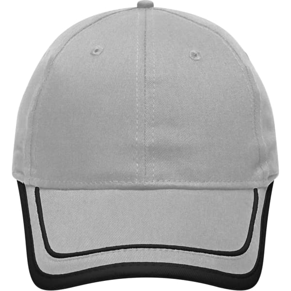 A grey 6 panel cap with black piping and a curved visor, featuring a logo on the front.