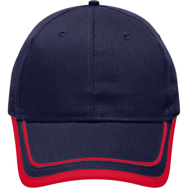 A navy blue cap with red piping along the visor and a logo on the front.