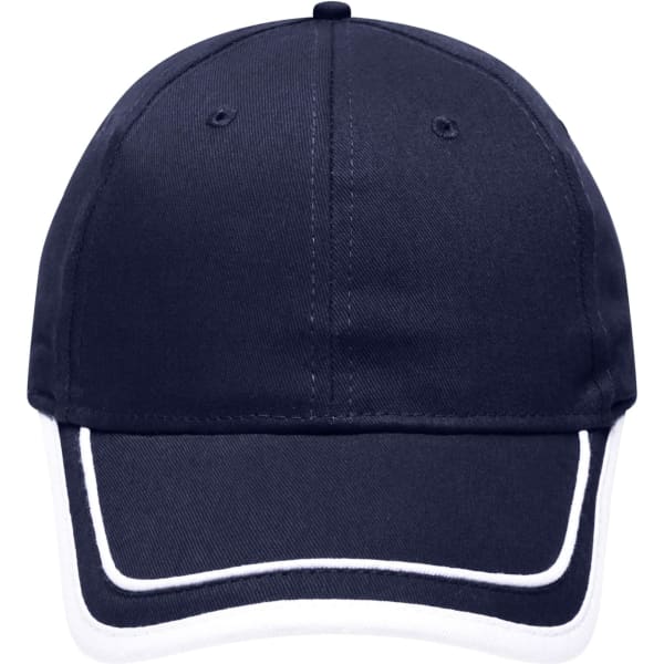 A navy blue cap with white piping, featuring a logo on the front. It has a classic six-panel design.