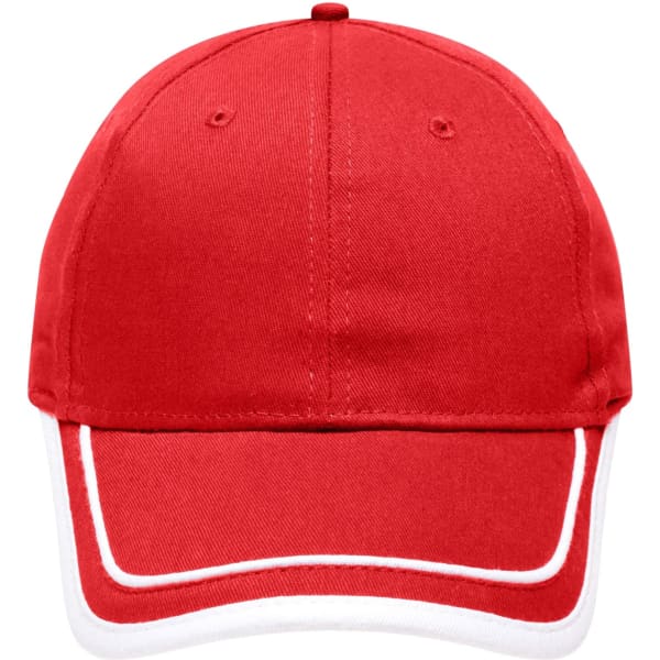 A red 6 panel cap with white piping detailing, featuring a logo on the front.