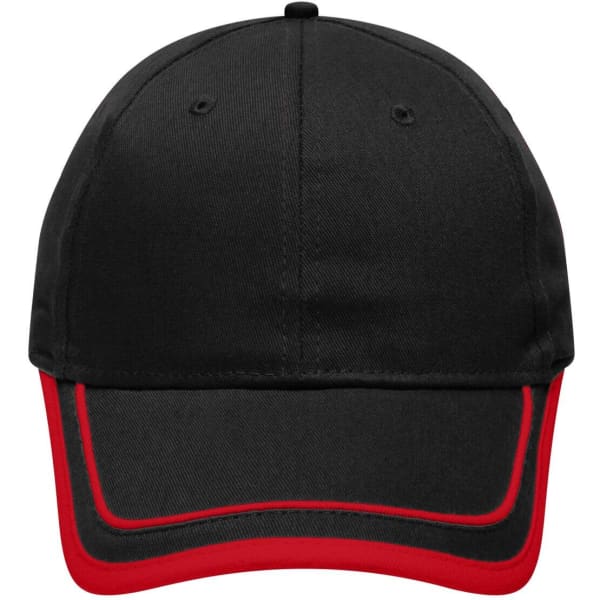 A black baseball cap with red piping features a structured six-panel design and includes a logo.
