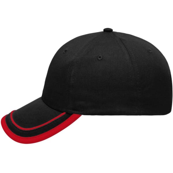 A black cap with a red piping detail, featuring six panels and a curved brim. Includes a logo.