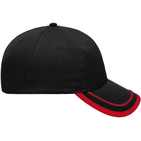 A black cap with red piping details and a curved brim, featuring a logo on the front.